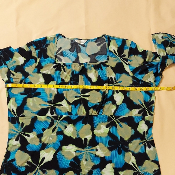 ‼️3 for $30‼️  CJ Banks Blue Green and Black Square Neck 3/4 Ruffle Sleeve Top - Picture 7 of 7